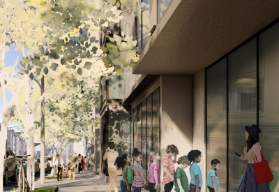 Exterior rendering of the ground floor entrance to the childcare center at 1101 Sutter in San Francisco.