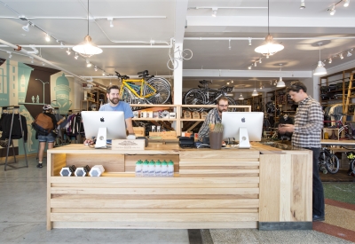Custom wood counter inside Huckleberry Bicycles in San Francisco.