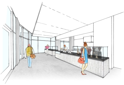 Interior rendering of the entry and ordering counter for Johnny Doughnuts in San Francisco.