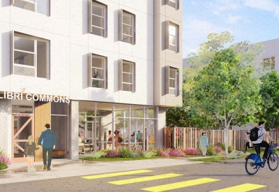 Exterior rendering of the entry to Colibrí Commons in East Palo Alto, California.