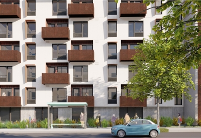 Exterior rendering of the 585 Keyes Street balconies.