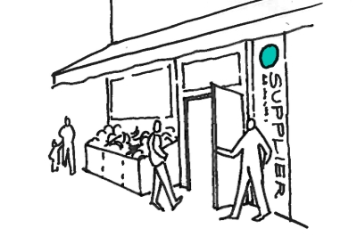 Sketch of the exterior of a bodega with an aqua circle with the word "SUPPLIER"