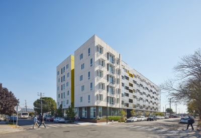 Exterior street view of Coliseum Place in Oakland, California.