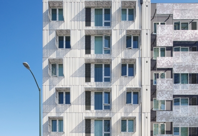 Exterior view of Coliseum Place in Oakland, California.