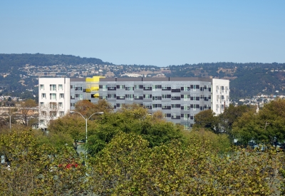 Wide shot of Coliseum Place in Oakland, California.