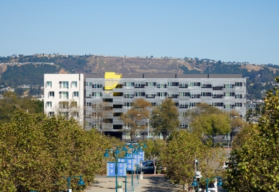 Wide shot of Coliseum Place in Oakland, California.