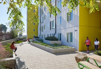 Courtyard at Coliseum Place in Oakland, California.