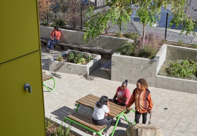 Looking out to the courtyard of Coliseum Place in Oakland, California.
