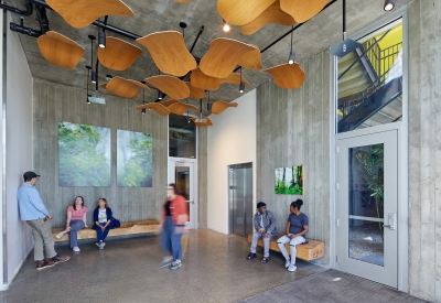 Lobby inside Coliseum Place in Oakland, California.