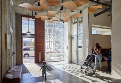 Lobby inside Coliseum Place in Oakland, California.