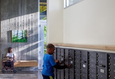 Mailboxes inside the lobby of Coliseum Place in Oakland, California.