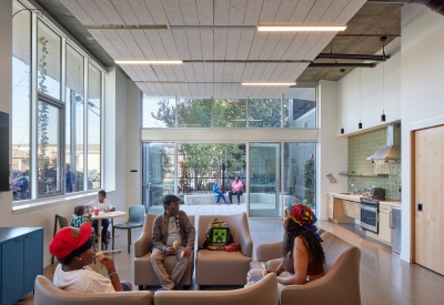 Community room inside Coliseum Place in Oakland, California.