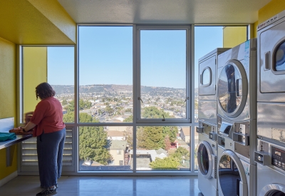 Laundry room inside Coliseum Place in Oakland, California.