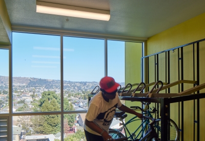 Bicycle storage inside Coliseum Place in Oakland, California.