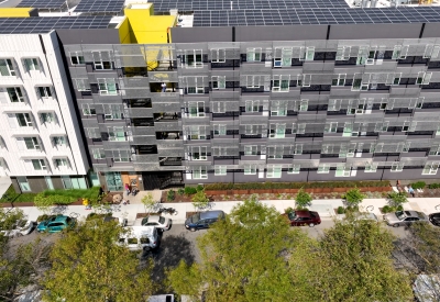 Aerial of Coliseum Place showing the aluminum sun shades.