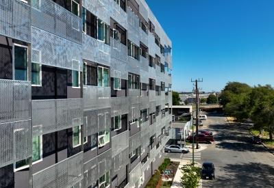 Close up of aluminum sun shades at Coliseum Place in Oakland, California.