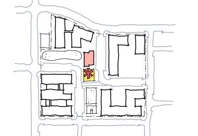 Site plan highlighting the central plaza barn for RESHAP Alameda Point in Alameda, Ca.