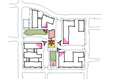 Site plan highlighting the buildings facing inwards RESHAP Alameda Point in Alameda, Ca.