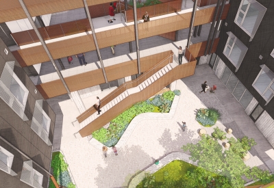 Aerial rendering of the courtyard for 355 Sango Court in Milpitas, Ca.