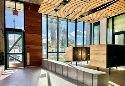 Interior view of the entry lobby of Sango Court in Milpitas, California.