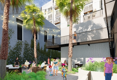 Rendering of the pedestrian passage for 420 Mendocino in Santa Rosa, California.