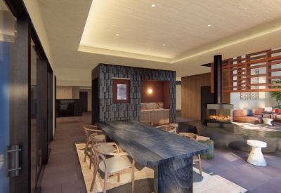 Interior rendering of the resident lounge with a fireplace for 420 Mendocino in Santa Rose, California.