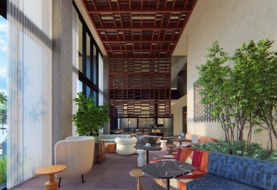 Interior rendering of the co-working space inside 420 Mendocino in Santa Rose, California.