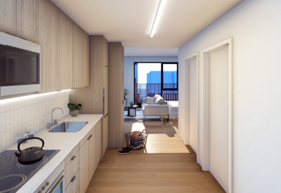 Interior rendering of a unit kitchen for 420 Mendocino in Santa Rose, California.