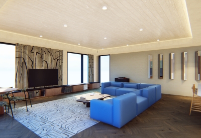 Interior rendering of the resident lounge inside 420 Mendocino in Santa Rose, California.