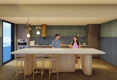 Interior rendering of the resident lounge kitchen inside 420 Mendocino in Santa Rose, California.