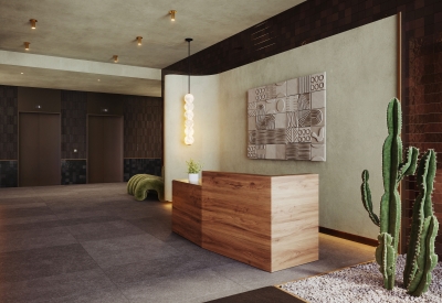 Interior rendering of the lobby for 420 Mendocino in Santa Rose, California.