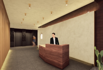 Interior rendering of the lobby inside 420 Mendocino in Santa Rose, California.