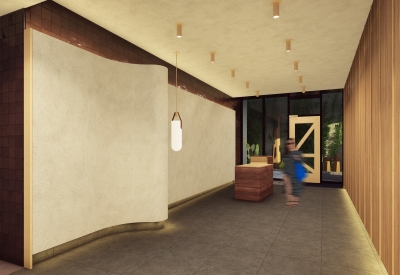 Interior rendering of the lobby inside 420 Mendocino in Santa Rose, California.