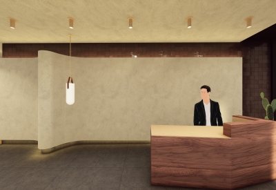 Interior rendering of the lobby inside 420 Mendocino in Santa Rose, California.