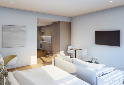 Interior rendering of a studio unit for 420 Mendocino in Santa Rose, California.