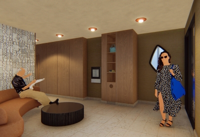 Interior rendering the wellness lobby for 420 Mendocino in Santa Rose, California.