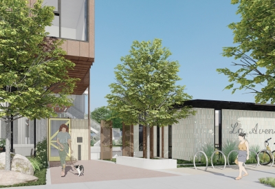 Exterior rendering of the entrance to 1100 La Avenida in Mountain View, California.