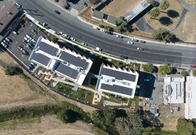 Aerial view of the top of the solar panels at Blue Oak Landing in Vallejo, California.