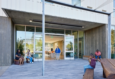Exterior view the courtyard looking into the community center at Blue Oak Landing in Vallejo, California.
