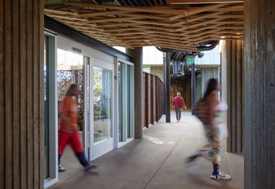 Interior view of the open-air lobby at Blue Oak Landing in Vallejo, California.