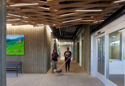 Interior view of the open-air lobby at Blue Oak Landing in Vallejo, California.