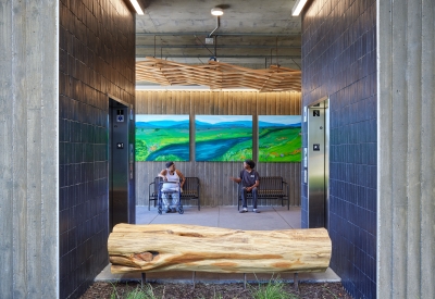 Interior view of the open-air elevators at Blue Oak Landing in Vallejo, California.