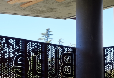 Interior view of the open-air weathering steel gate at Blue Oak Landing in Vallejo, California.