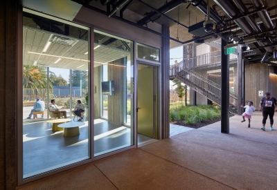 Interior view of the open-air community room at Blue Oak Landing in Vallejo, California.