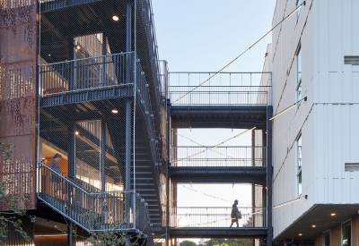 Exterior view of the open air bridge at Blue Oak Landing in Vallejo, California.