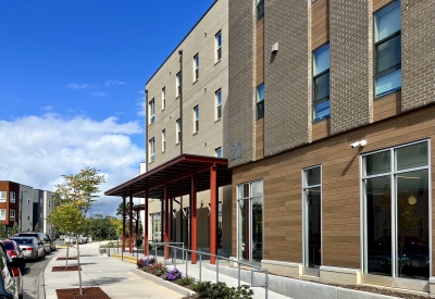 Exterior street view of the entry Maple Crest Apartments at Lee Walker Heights in Asheville, North Carolina.