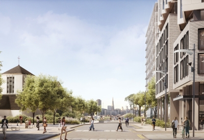 Exterior rendering of the street adjacent to Tidal House in Treasure Island, San Francisco, California.