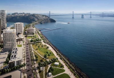 Exterior rendering of the San Francisco Bay and Tidal House in Treasure Island with Yerba Buena Island and the Bay Bridge in the background.