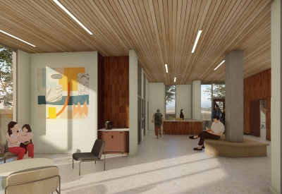 Interior rendering of the entry lobby for Park24 in Nashville, Tennessee. 