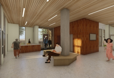 Interior rendering of the entry lobby for Park24 in Nashville, Tennessee. 